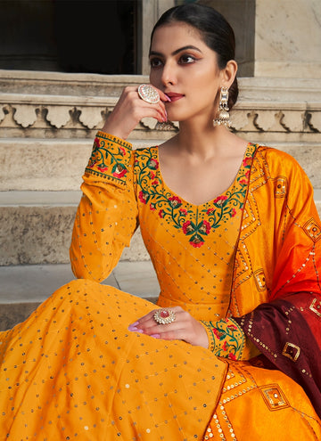 Marvelous Multi Thread Work Georgette Yellow Gown With Dupatta